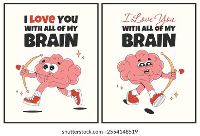 Funny Valentine's day greeting card with cartoon groovy brain. Romantic cupid character. Design for flyer, poster, banner. Love concept vector illustration. 