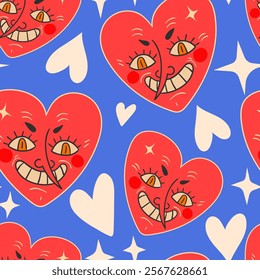 Funny Valentines Day Hand Drawn vector seamless pattern with hearts in retro cartoon style. 50s 60s 70s Saint Valentines Day Red Pink Blue aesthetic romantic love background.