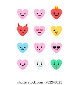 Funny Valentine's Day romantic pink heart shaped emoticons emoji faces vector icon set