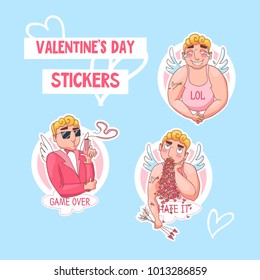 Funny Valentines day stickers with cute cupid character. Part of big set of cartoon cupids with different emotions for mobile app and print.