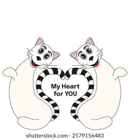 Funny Valentine's Day template design isolated transparent background. Simple cat with tails in shape of Heart. Romantic vector illustration for t-shirt print. EPS 10