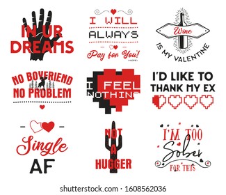 Funny Valentines Day typography logos emblems set. Holiday prints for t-shirts, poster, cards and stickers. Stock vector designs isolated on white