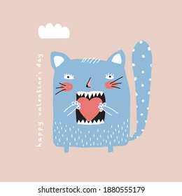 Funny Valentine's Day Vector Card with Cute Blue Cat Eating Big Red Heart.Simple Infantile Style Illustration ideal for Card, Invitation, Greeting.Sweet Hand Drawn Monster Kitty on a Beige Background.