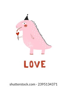 Funny Valentine's Day Vector Card with Cute Pink Dinosaur with Red Lillipop. Crayon Drawing-like Pastel Pink Dino Wearing Black Party Hat on a White Background. Handwritten LOVE. RGB. Abstract Doodle.