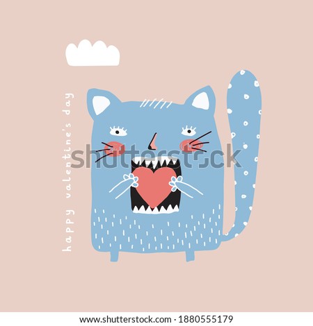 Funny Valentine's Day Vector Card with Cute Blue Cat Eating Big Red Heart.Simple Infantile Style Illustration ideal for Card, Invitation, Greeting.Sweet Hand Drawn Monster Kitty on a Beige Background.