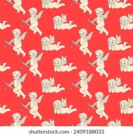 Funny Valentines Day Vector Seamless Pattern. Cupid Angels in Retro Cartoon Style. Fun and Cute Background for your design.