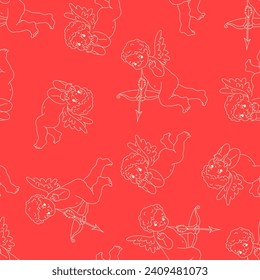 Funny Valentins Day Vektor Nahtloses Muster. Cupid Angels in Retro Cartoon Style. Spaß und scharfer Hintergrund für Ihr Design.
