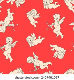 Funny Valentines Day Vector Seamless Pattern. Cupid Angels in Retro Cartoon Style. Fun and Cute Background for your design.
