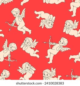 Funny Valentines Day Vector Seamless Pattern. Cupid Angels in Retro Cartoon Style. Fun and Cute Background for your design. svg