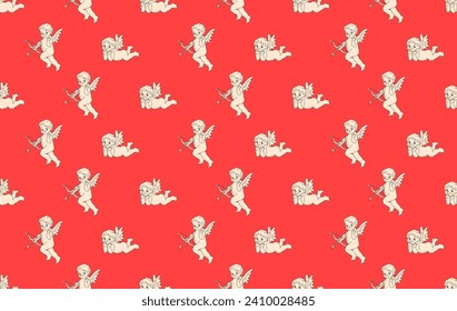 Funny Valentines Day Vector Seamless Pattern. Cupid Angels in Retro Cartoon Style. Fun and Cute Background for your design.