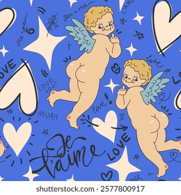 Funny Valentines Day Vector Seamless Pattern. Cupid Angels in Retro Cartoon Style. Fun and Cute Background for your design.