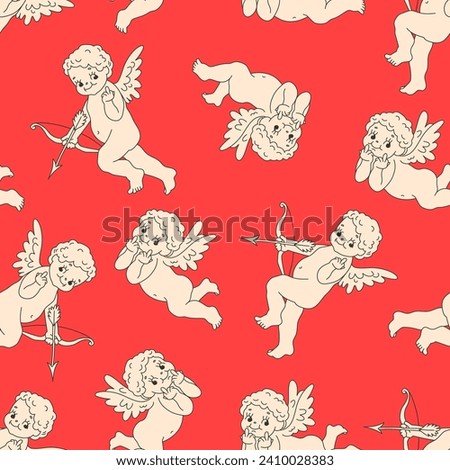 Funny Valentines Day Vector Seamless Pattern. Cupid Angels in Retro Cartoon Style. Fun and Cute Background for your design.