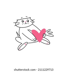 Funny valentines fat cat holds the heart with wings.