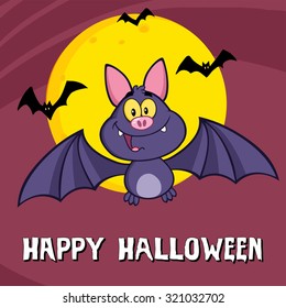 Funny Vampire Bat Cartoon Character Flying. Vector Illustration Greeting Card