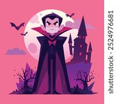 Funny vampire Dracula cartoon character. Halloween illustration with cute vampire and his dark castle in the night. Big moon and flying bats. Vector art.