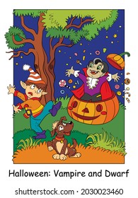 Un vampiro gracioso saltó de una calabaza y enano asustado. Concepto de Halloween. Ilustración vectorial de dibujos animados. Ilustración de material para el diseño, educación preescolar, decoración, impresión y juego.