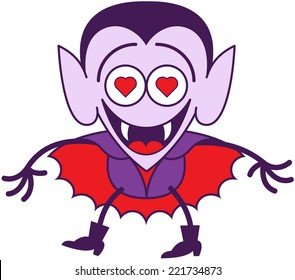 Funny vampire in minimalist style with pointy ears, sharp fangs and red cape while smiling enthusiastically and showing that he is madly in love