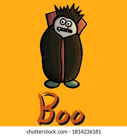 Funny vampire on a yellow background, cartoon style, yellow background, banner, fright, vampire, fun, fangs, cloak, for children, Halloween, holiday, masquerade, for children, evil spirits, joy, cute