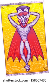 Funny vampire with sharpen fangs, seen from a top view, fulfilling his dream of wearing his swimsuit, his sunglasses and lying on a beach towel decorated with summer designs while taking a sun bath