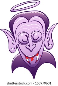 Funny vampire with a shiny halo floating above his head while showing a wise attitude to hide that he has just bitten someone and pretending that nothing happened despite the blood on his fangs