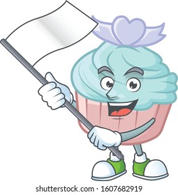Funny vanilla blue love cupcake cartoon character style holding a standing flag