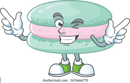 Funny vanilla blue macarons cartoon design style with wink eye face