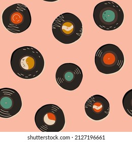 Funny various vinyl records hand-drawn retro seamless pattern on isolated background. Music vector endless ornate for coverage, wrapping paper, textile or fabric print and other.