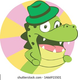 Funny vector alligator green hat, crocodile happy 