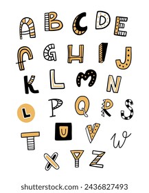 Divertido alfabeto vectorial en estilo doodle aislado en blanco. Se puede utilizar para un libro infantil, póster, diseño de sitios web, pegatinas.