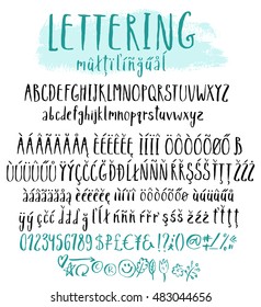 Funny vector alphabet for lettering. Brush style calligraphy. All letters set, numbers and special symbols, decorative hand-drawn elements. Multilingual accent characters. 