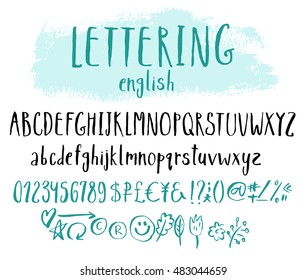 Funny vector alphabet for lettering. Brush style calligraphy. Uppercase and lowercase english letters, numbers, money and special symbols, decorative elements. 