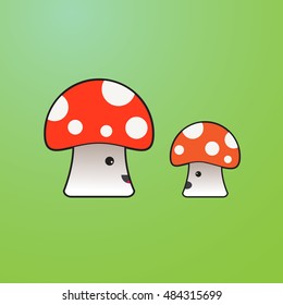 Funny vector amanita mushrooms family, dad and son. Bright and happy.