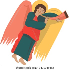 Funny vector angel flying with a pink trumpet, cartoon character, Christmas symbol