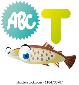 Funny vector animal characters. Cute sea animals characters for kids alphabet. T is for Trout