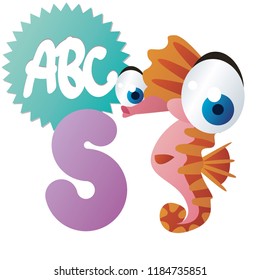 Funny vector animal characters. Cute sea animals characters for kids alphabet. S if for Seahorse