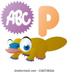 Funny vector animal characters. Cute sea animals characters for kids alphabet. P is for Platypus