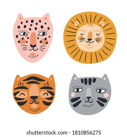 Funny vector animal portraits in hand-drawn illustrated style. Cat, leopard, lion and tiger isolated on the white background. Baby design elements.