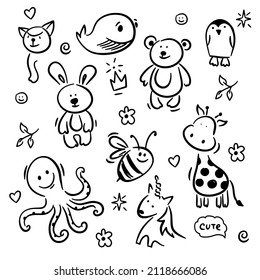 Funny vector animals for kids. whale, bear, unicorn, octopus, bee, giraffe, penguin, hare. Cute details flower, leaf, heart, spiral, crown.