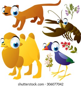 funny vector animals set: fossa, camel, lobster, bird