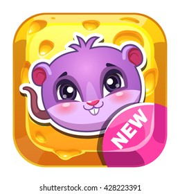 Funny vector app icon with cute little cartoon mouse on cheese background, game asset for gui design