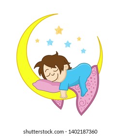 Funny vector Baby boy sleeping on the moon among the stars. Logo of child care, motherhood and childbearing. 