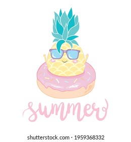 Funny vector background with pineapple in glasses, and hand written text "summer". Hand drawing summer card.