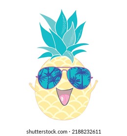 Funny vector background with pineapple , and hand written text "summer". Hand drawing summer card.