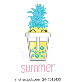 Funny vector background with pineapple , and hand written text "summer". Hand drawing summer card.