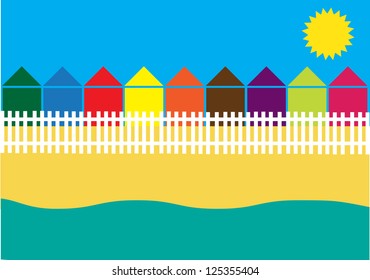 funny vector background with summer holiday motive, small cottage houses on the beach