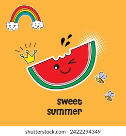 Funny vector background with watermelon slice , speech bubble and hand written text "Sweet summer". Hand drawing summer card.