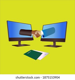 Divertido cartel vectorial con dos empresarios que firmaron un acuerdo de colaboración. Ilustración de estilo de dibujos animados.