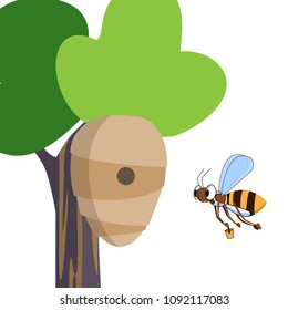 Funny vector bee carries bucket of honey in hive that hangs on tree in forest meadow
