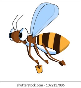 Funny vector bee carries bucket of honey on white isolated background.