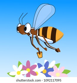 Funny vector bee carries bucket of honey. bee flying over flowers